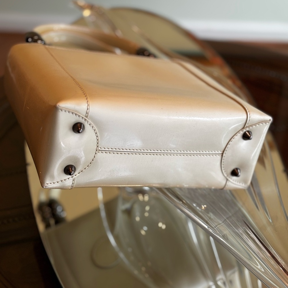 Polished Christian Dior Tan Patent Shoulder Bag with Glossy Bead Handles - Picture 10 of 13